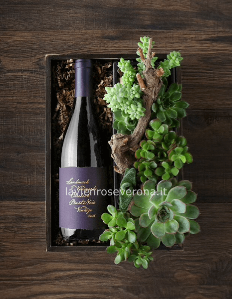 Cassetta vino e piante grasse