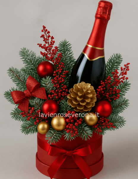 scatola natalizia con bottiglia di spumante